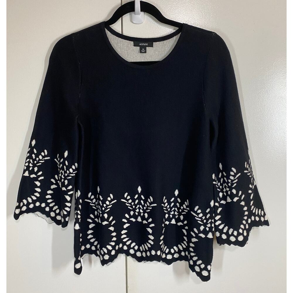 Alfani 3/4 Sleeve Black & White Pineapple Knit Cotton Blend Sweater SZ PM - Picture 2 of 7
